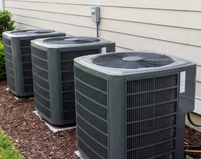 row of modern air conditioning units installed outside house photo